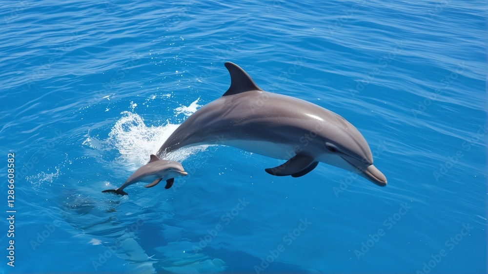 Naklejka premium A dolphin leaps gracefully in the ocean, accompanied by its playful sibling.