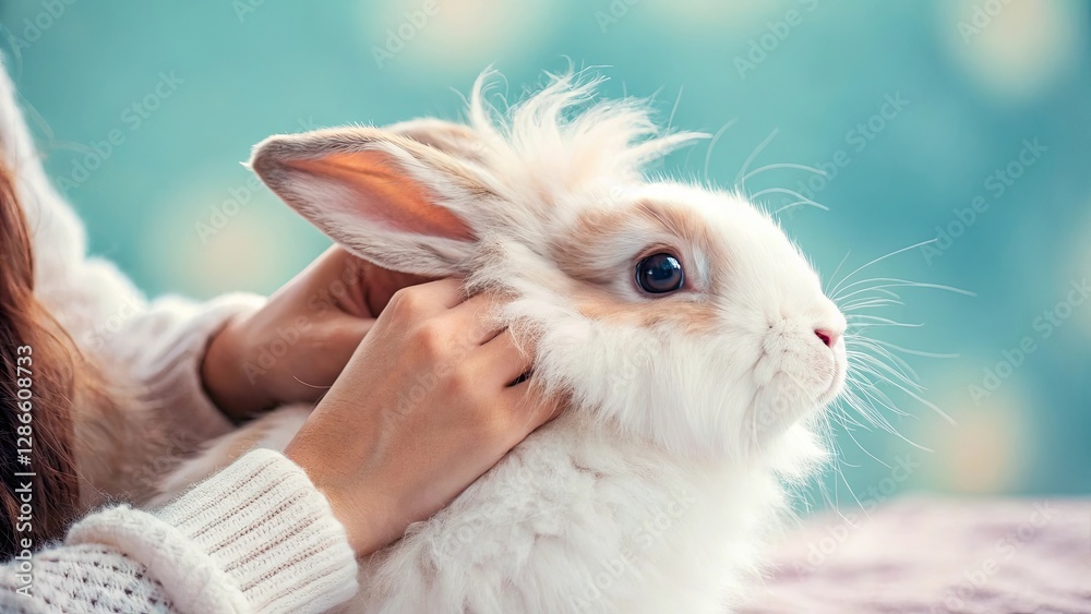 Adorable fluffy rabbit being gently petted Adorable fluffy rabbit being gently petted