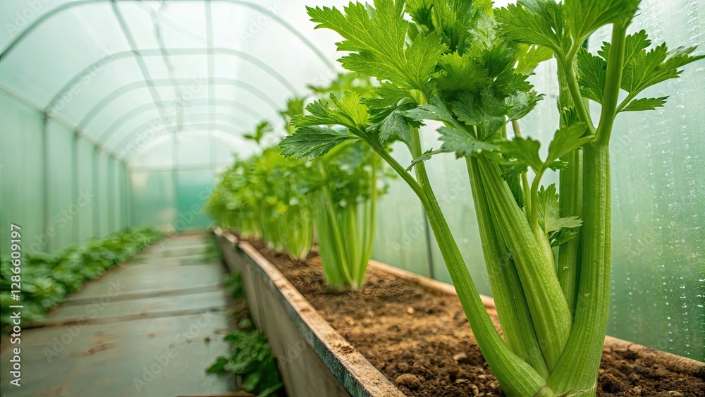 Obraz premium Fresh celery growing in a greenhouse environment