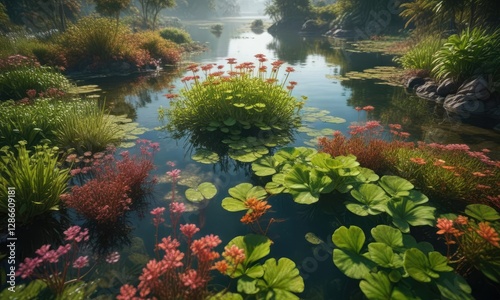 Water plants in a tropical lake with azolla pinnata, greenery in water, exotic plants photo