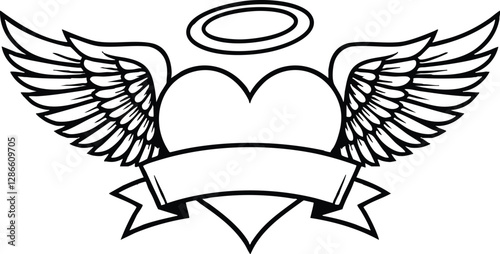 Vector Halo Winged Heart Tattoo Style Illustration Typography. With Custom text Banner Ribbon and angel wings.