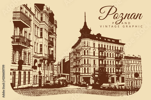 City ancient architecture, Poznan, Poland. Vintage brown and beige graphics, engraved, vector. Old retro design.