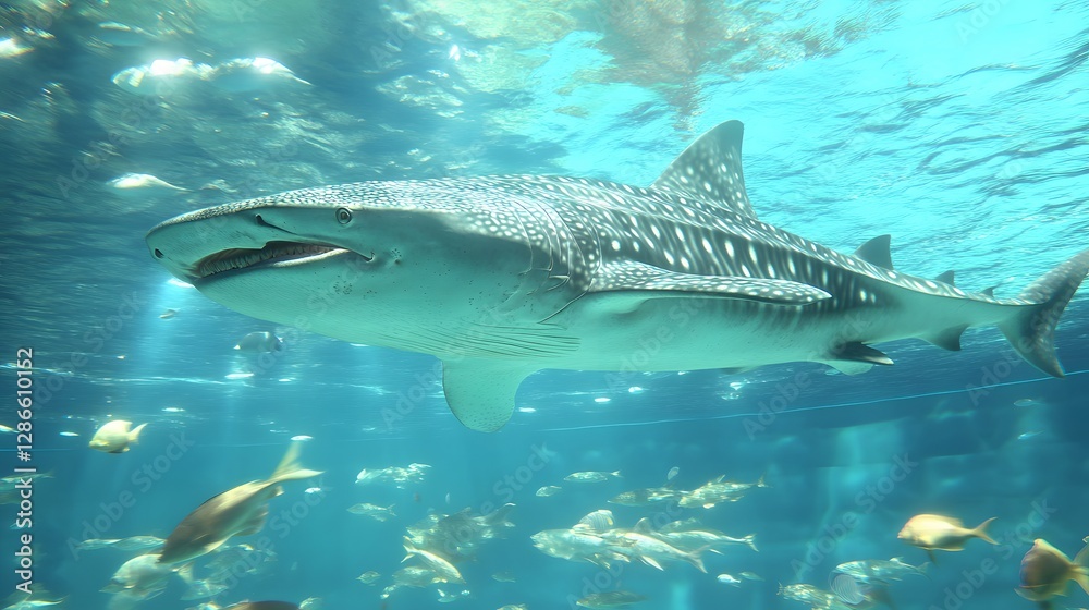Obraz premium Majestic Whale Shark Swimming Gracefully Underwater in a Clear Marine Environment