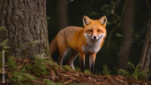 A red fox stands alert in a forest, surrounded by trees and foliage.