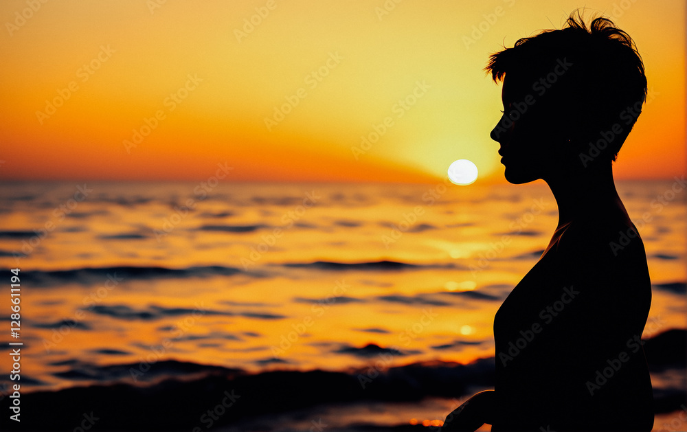 Fototapeta premium A woman’s silhouette standing by the ocean, watching the sunset