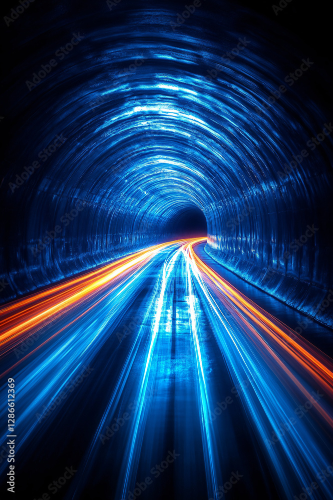 Fototapeta premium Into the Neon Tunnel: A mesmerizing long exposure capturing streaks of light racing through a dark, arched tunnel, creating a vibrant and dynamic display of speed and movement.