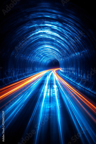 Into the Neon Tunnel: A mesmerizing long exposure capturing streaks of light racing through a dark, arched tunnel, creating a vibrant and dynamic display of speed and movement.