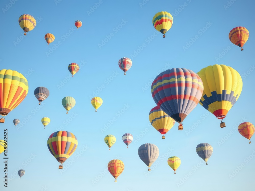 Vibrant light blue sky with clusters of colourful hot air balloons drifting gently, sky, limitless, effortless