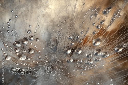 Frozen dandelion seed head with water droplets, a delicate and abstract macro image.