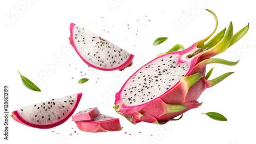 Flying Dragon Fruit Slices, Isolated on Transparent Background, Food Photography, Pitaya, Tropical Fruit, Pitaya, Fruit, Composition