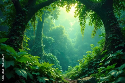 Veiled canopy of emerald green over dense foliage, jungle, rainforest, green