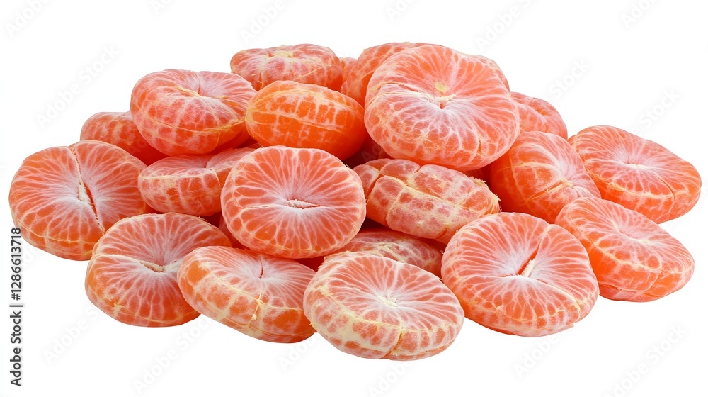 Close-Up of Freshly Sliced Tangerine Segments Piled Together on a White Background Close-Up of Freshly Sliced Tangerine Segments Piled Together on a White Background