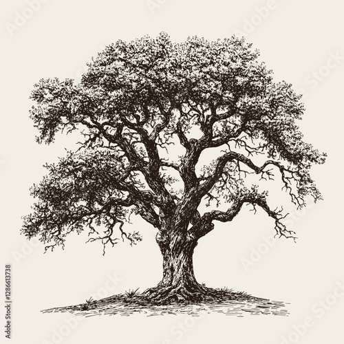 Detailed dry oak tree hand drawn black and white vector illustration.