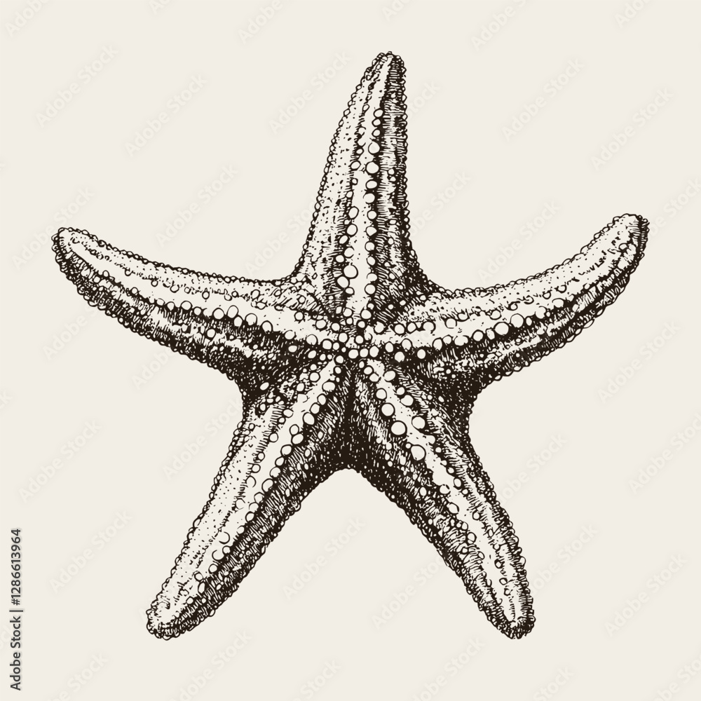 Hand drawn starfish vector illustration. Realistic black and white illustration. Hand drawn starfish vector illustration. Realistic black and white illustration.