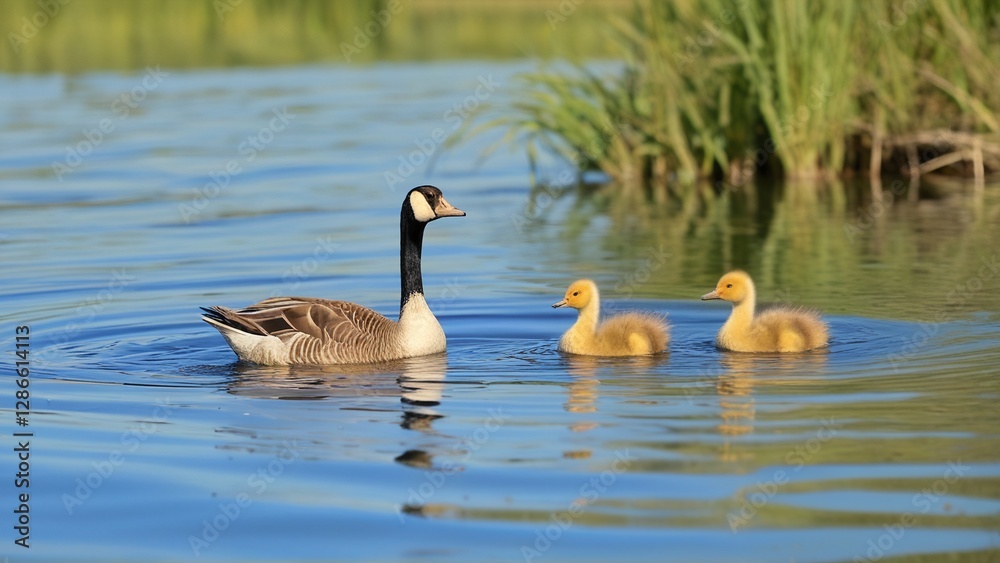 Adult goose with three goslings swimming in a serene lake surrounded by greenery. Adult goose with three goslings swimming in a serene lake surrounded by greenery.