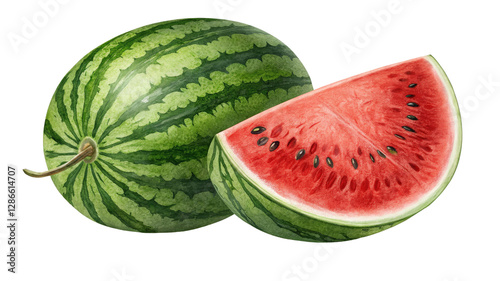 Wallpaper Mural Watercolor Watermelon Composition Whole and Slice, Isolated on Transparent Background, Summer Fruit, Red, Green, Watermelon, illustration, clipart Torontodigital.ca