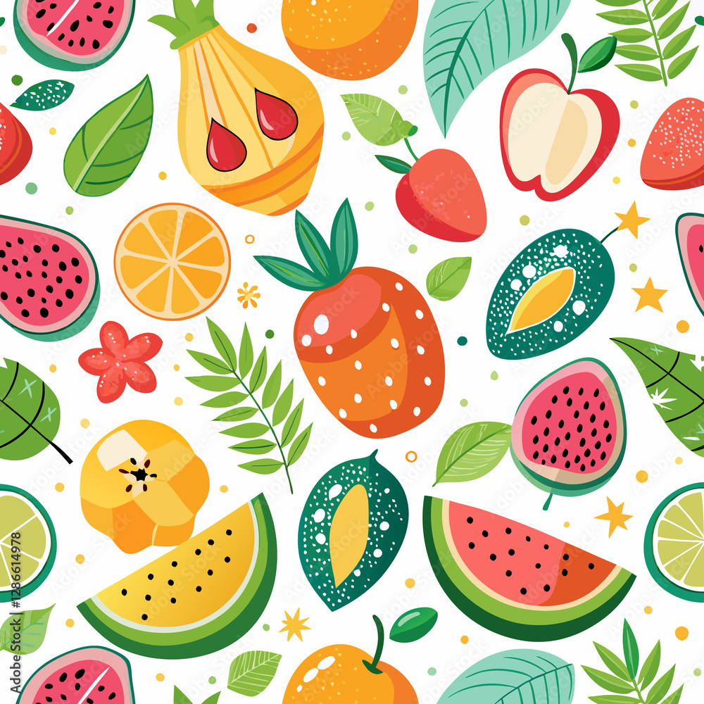 Colorful seamless pattern with various fruits and tropical leaves on white background. Colorful seamless pattern with various fruits and tropical leaves on white background.