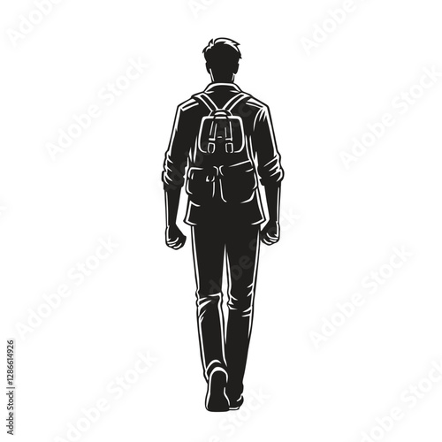 vector silhouette illustration of a male worker goes to work by bicycle back view