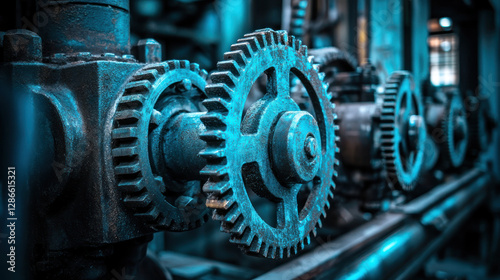 Wallpaper Mural Close up of industrial gears in factory setting, showcasing intricate machinery and engineering. metallic components are highlighted in blue tone, emphasizing their robust design Torontodigital.ca