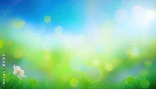 soft focus spring meadow with single white daffodil, vibrant green grass, blurred blue sky, bokeh light effect, nature backdrop

