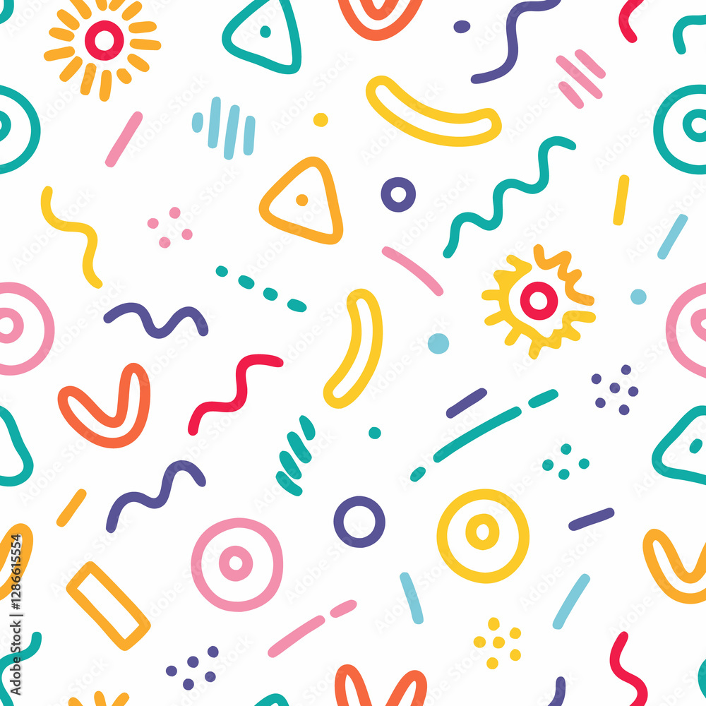 Colorful abstract seamless pattern with hand-drawn geometric shapes and wavy lines on white background. Colorful abstract seamless pattern with hand-drawn geometric shapes and wavy lines on white background.