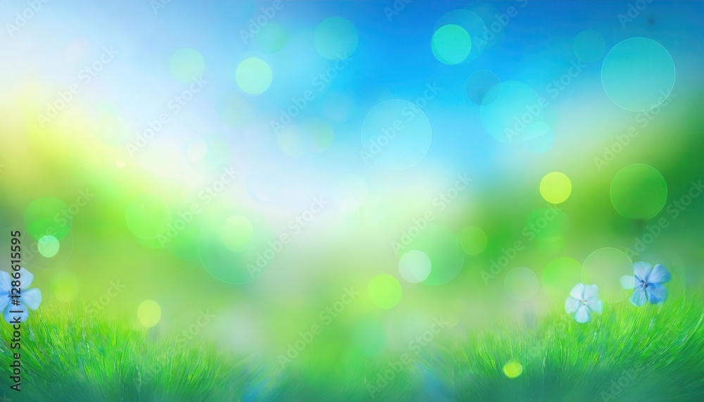 soft focus spring meadow with single white daffodil, vibrant green grass, blurred blue sky, bokeh light effect, nature backdrop

