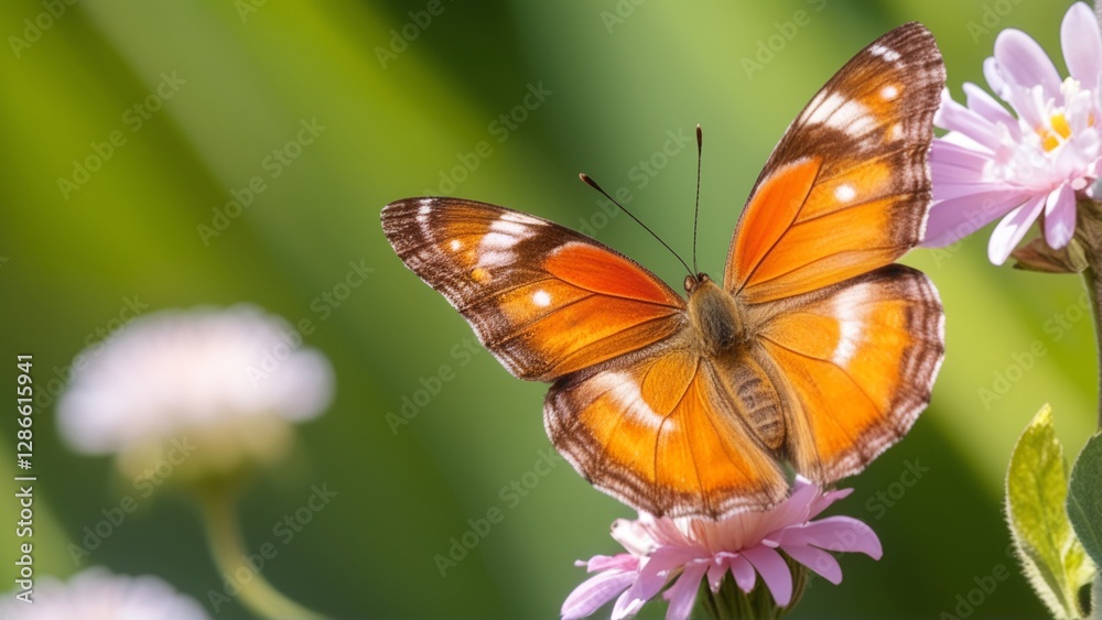 A vibrant orange butterfly perched on pink flowers, surrounded by blurred green foliage. A vibrant orange butterfly perched on pink flowers, surrounded by blurred green foliage.