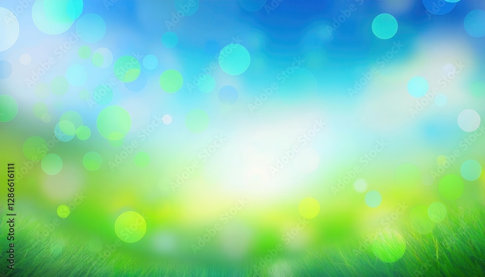 soft focus spring meadow with single white daffodil, vibrant green grass, blurred blue sky, bokeh light effect, nature backdrop

