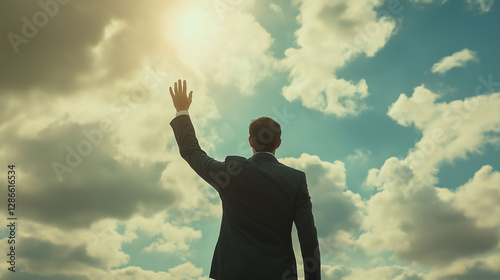 The businessman in a suit walked confidently up the mountain path, his hand holding the key to success, happy to reach the top. business, mountain, man, top, success, businessman, happy, path, hand