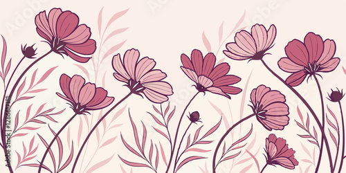 Design a watercolor cosmos flower pattern with deep pinks and gentle petal textures.