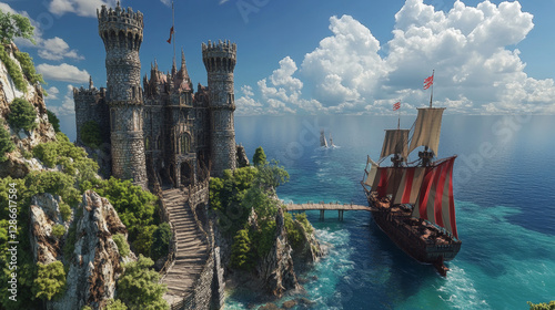 Castle landscape on sea island - medieval fortress with towers, red sail wooden ship at pier, winding path across green lawn. Fantasy panorama with bright ocean waters, white fluffy clouds on blue sky photo