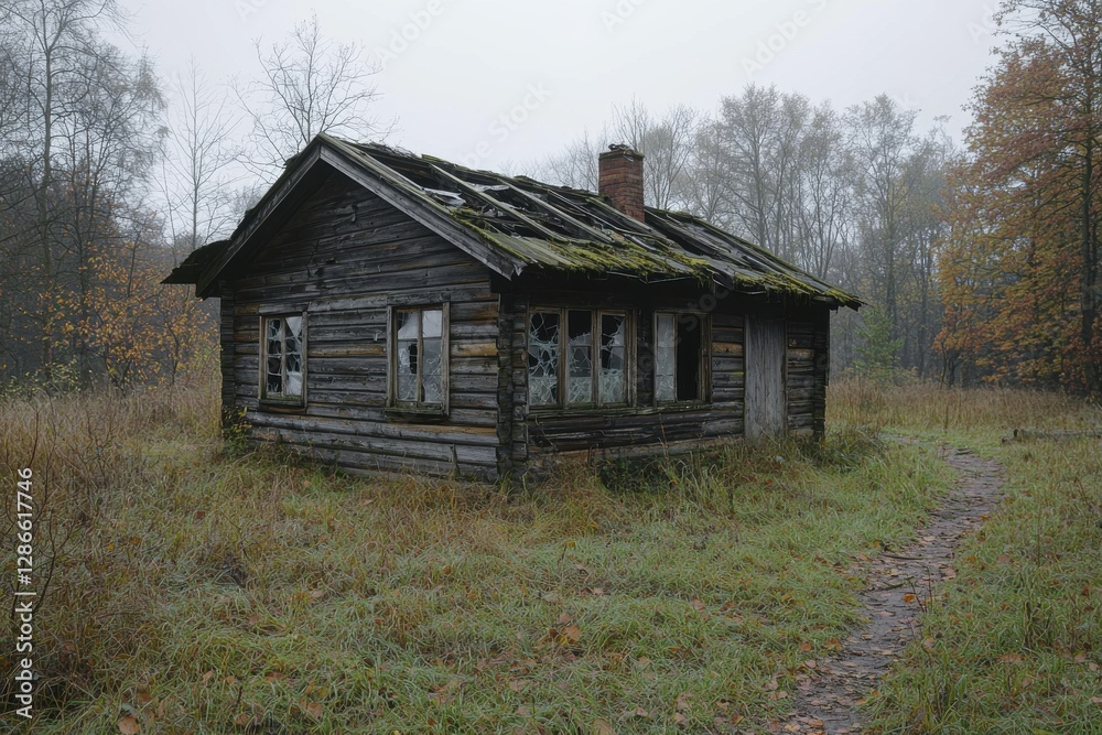 A dilapidated wooden cabin with broken windows stands silently in a misty forest, its weathered structure hinting at stories of abandonment and lost memories in nature. A dilapidated wooden cabin with broken windows stands silently in a misty forest, its weathered structure hinting at stories of abandonment and lost memories in nature.