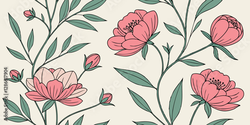 Generate a seamless pattern of hand-painted peonies with soft gradients and gentle outlines.