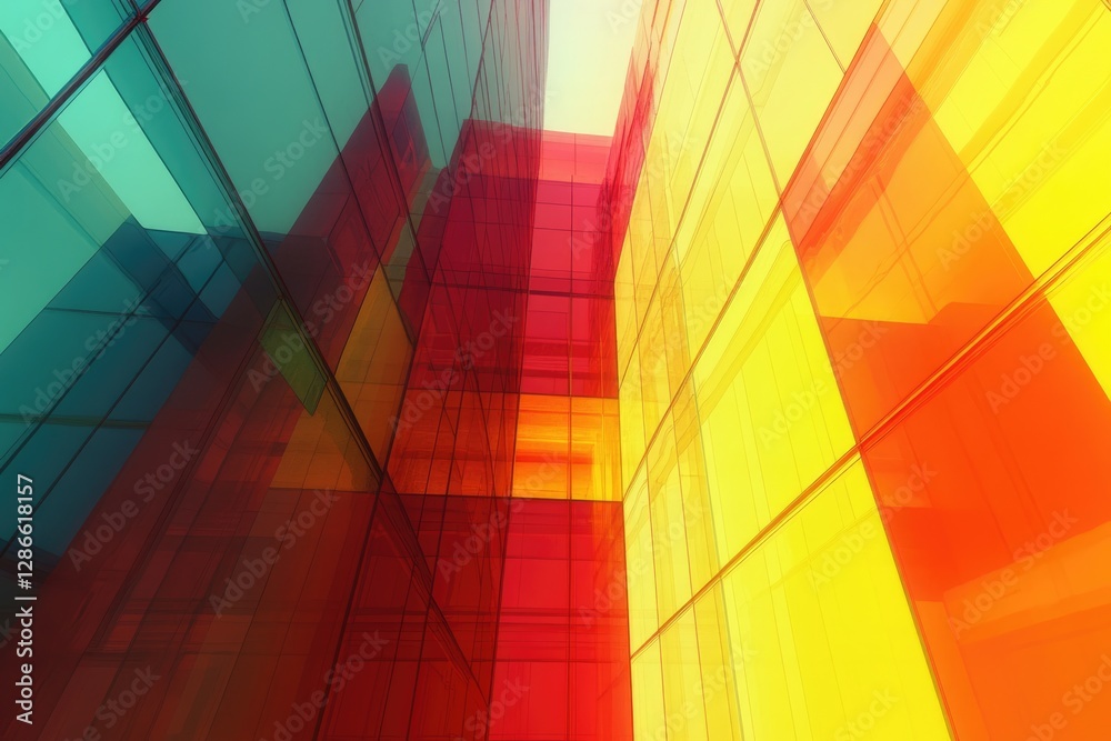 Obraz premium Abstract architectural image featuring vibrant red, yellow, and teal glass panels creating a modern, dynamic design.