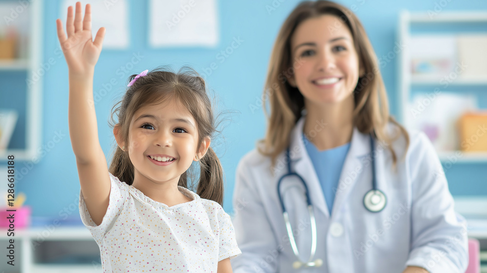 Happy little girl waving with healthcare professional in bright clinic. scene conveys warmth and care, showcasing positive interaction in medical environment Happy little girl waving with healthcare professional in bright clinic. scene conveys warmth and care, showcasing positive interaction in medical environment