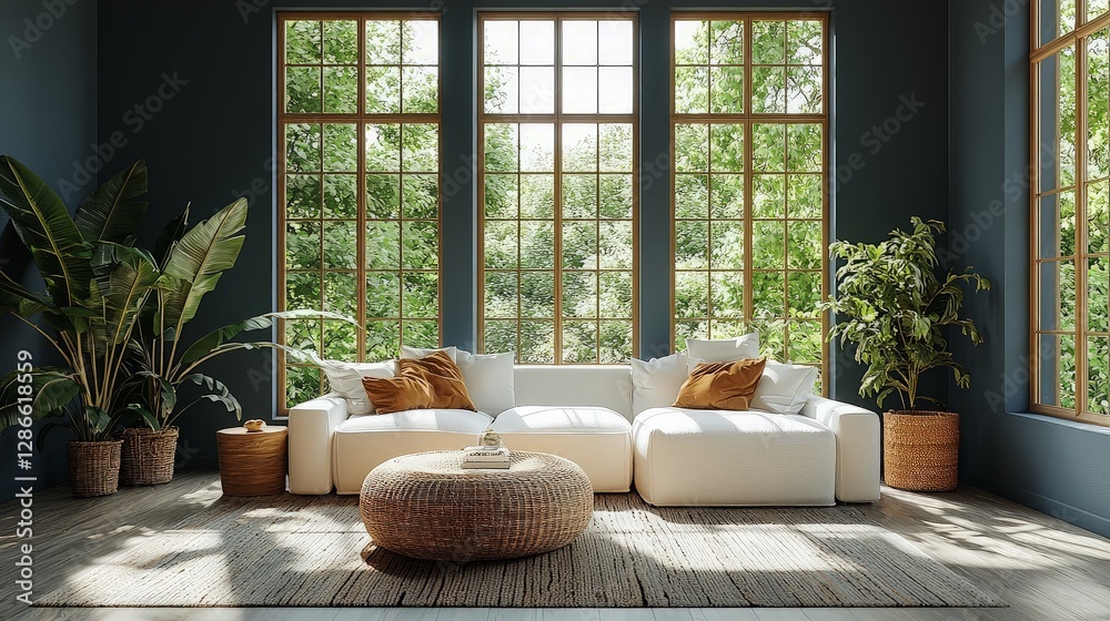 Fototapeta premium Modern living room with large windows overlooking nature. Relaxing interior design. Possible use Interior design, home decor