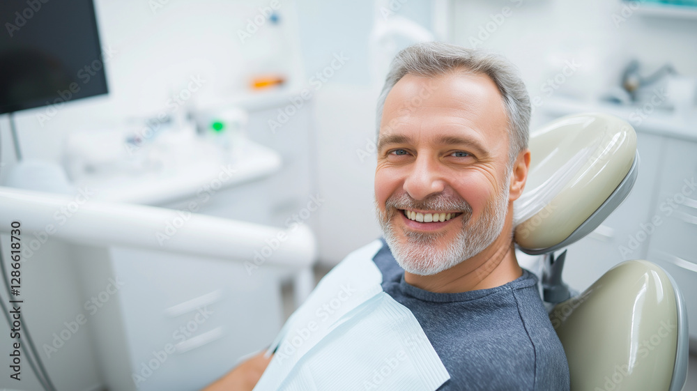 Smiling middle aged man in dental chair at modern clinic, showcasing positive experience during dental appointment Smiling middle aged man in dental chair at modern clinic, showcasing positive experience during dental appointment