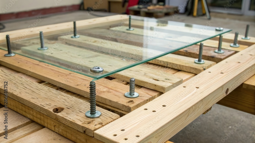 Wooden boards with visible screws and bolts under a glass top, screws, wooden surface, wooden decor Wooden boards with visible screws and bolts under a glass top, screws, wooden surface, wooden decor