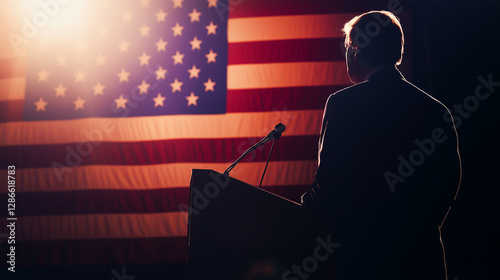 Silhouette of a speaker at a podium with an American flag backdrop
