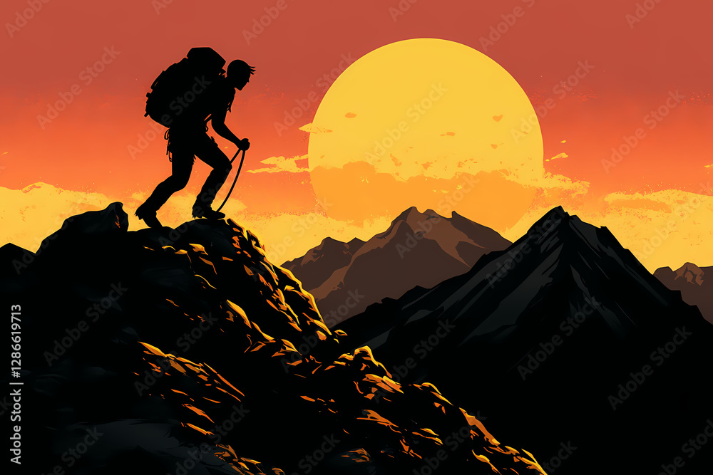Fototapeta premium Silhouette of a Hiker and Scenic Sunset: Capturing the silhouette of a determined hiker conquering the mountain, against the backdrop of a beautiful sunset and mountain range.
