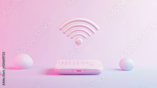 3D illustration of router floating in air with Wi Fi icon above it, set against soft pink and purple gradient background