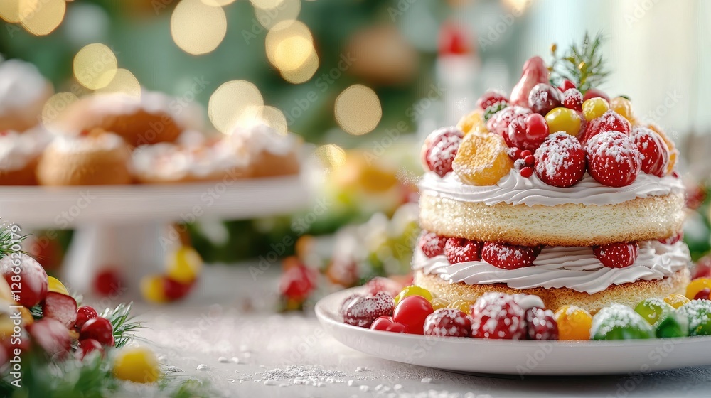 Festive fruit cake, Christmas setting, dessert closeup Festive fruit cake, Christmas setting, dessert closeup