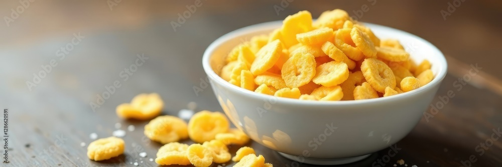 White ceramic bowl filled with crunchy corn flakes and milk on the table, flat, bowl, cereal White ceramic bowl filled with crunchy corn flakes and milk on the table, flat, bowl, cereal