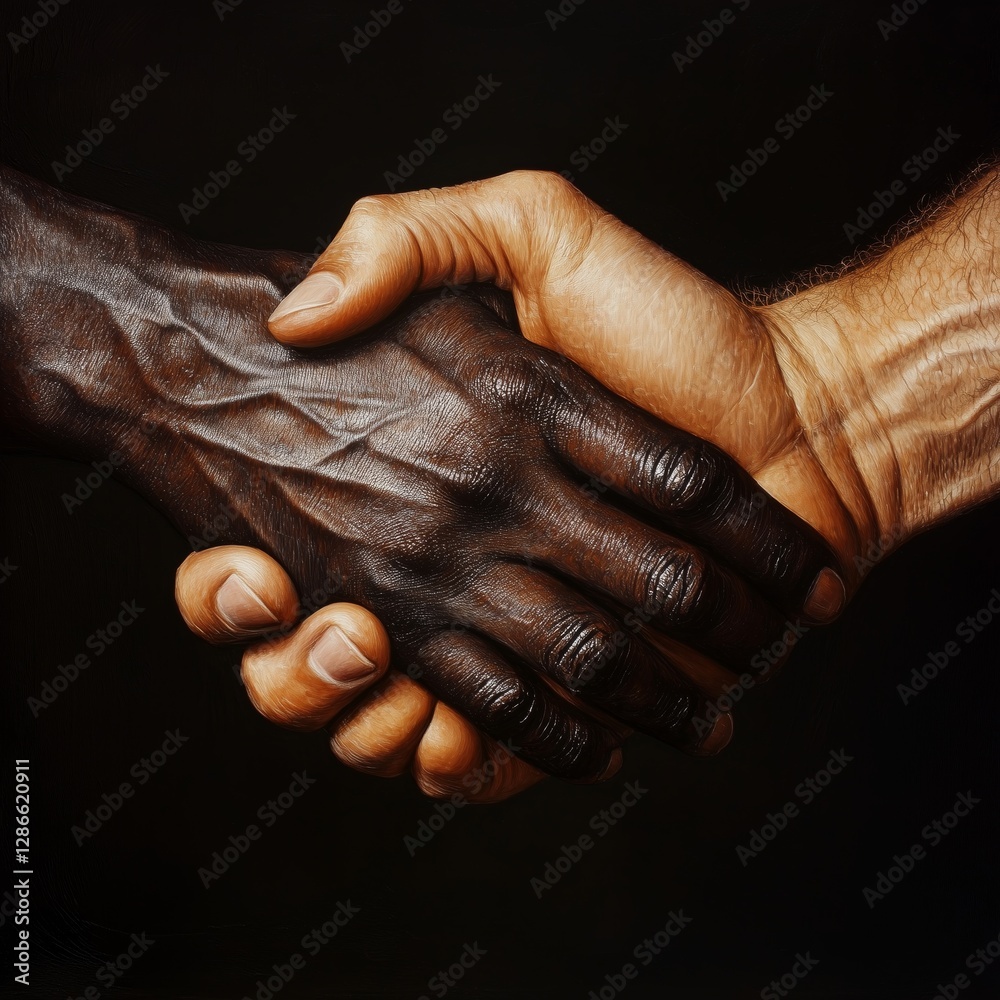 Fototapeta premium Hands shaking in unity and collaboration Two Hands, One Humanity symbolizing unity and strength against racism.