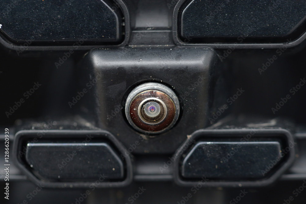 Scratched front parking camera lens closeup, visible damage. Cloudy front parking camera lens with scratches and scuff marks, impact of daily wear and tear on automotive components. Selective focus Scratched front parking camera lens closeup, visible damage. Cloudy front parking camera lens with scratches and scuff marks, impact of daily wear and tear on automotive components. Selective focus