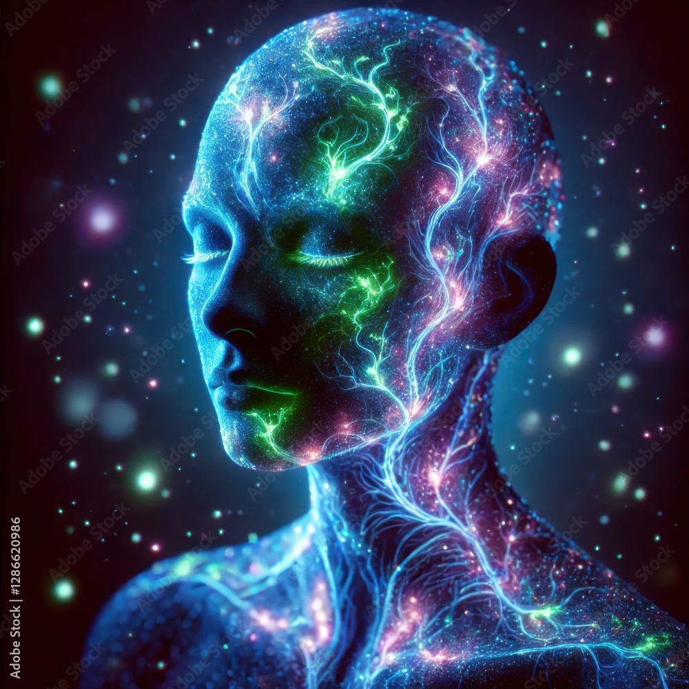 surreal digital artwork of a human face with bioluminescent skin, glowing in neon blues, purples, and greens. surreal digital artwork of a human face with bioluminescent skin, glowing in neon blues, purples, and greens.
