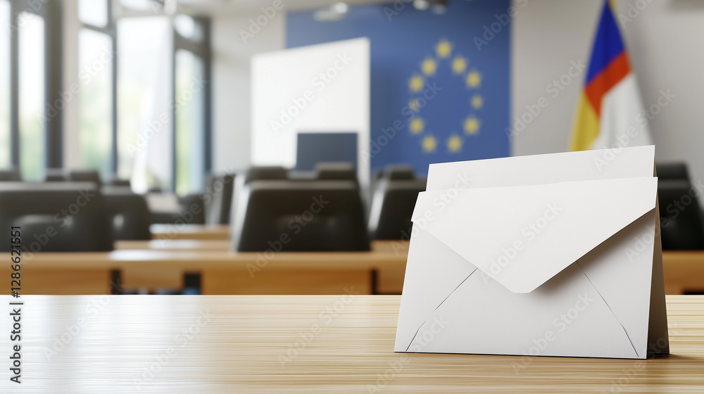 Ballot envelope on wooden table in a European parliament setting Ballot envelope on wooden table in a European parliament setting
