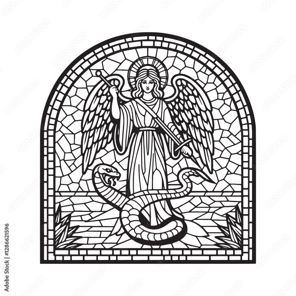 Obraz premium Angel Defeating Serpent in Mosaic Outline, Symbol of Good Over Evil