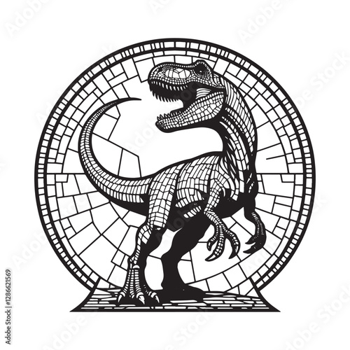 Allosaurus Dinosaur in Mosaic Arc Window Style Minimalist BW Cut