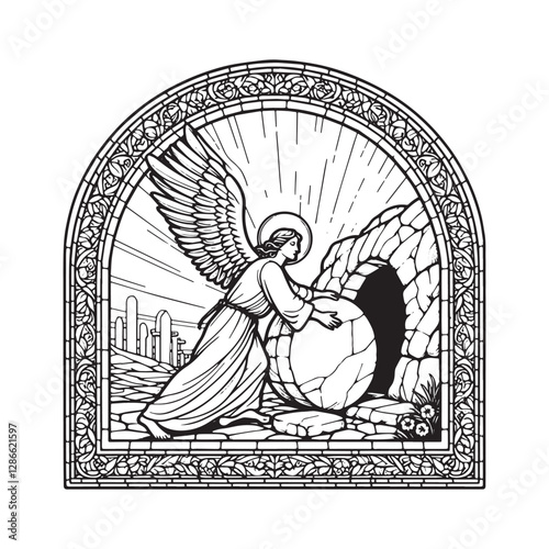 Angel unveiling the Resurrection in minimalist mosaic outline within an arc window